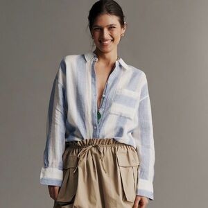 Maeve Anthropologie Linen Blend Button Down Shirt Blue White Striped Relaxed 2X